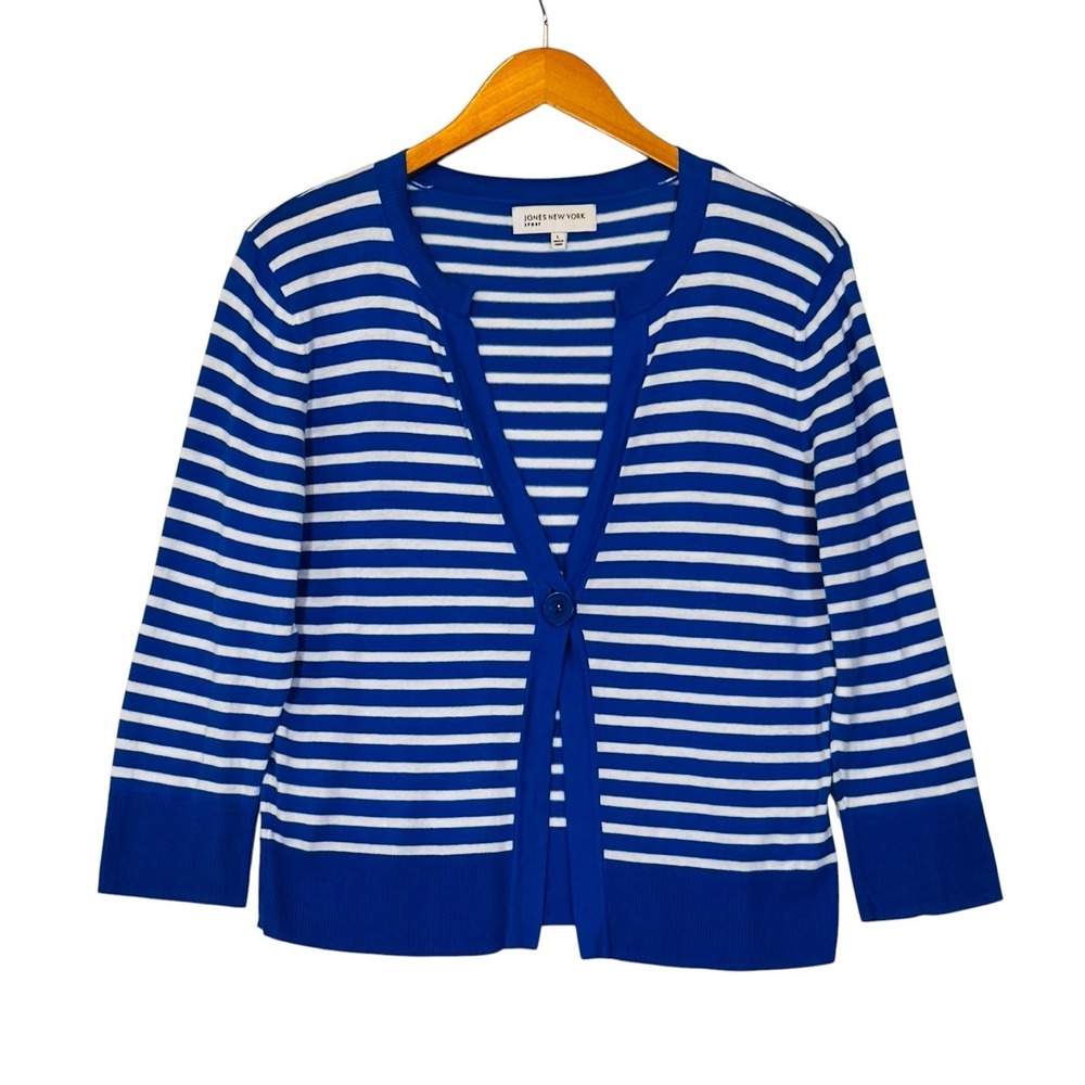 Jones New York‎ Sport Cardigan Sweater Women Large Blue Stripped Nautical Resort